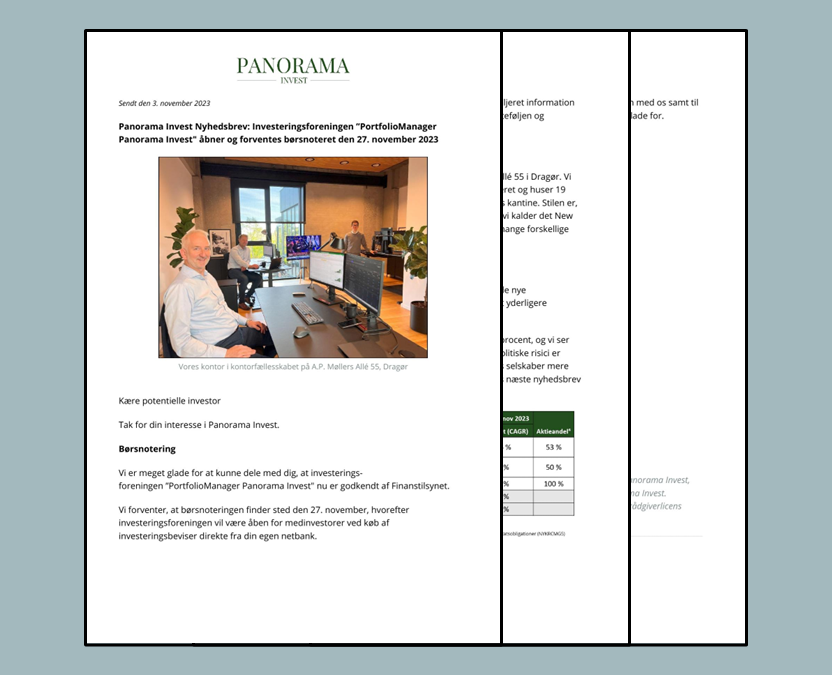 Investeringsforeningen ”PortfolioManagerPanorama Invest” åbner og forventes børsnoteret den 27. november 2023